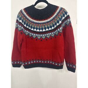 Vintage Eddie Bauer 100% Wool Icelandic Fair Isle Ski Sweater Red Petite Medium